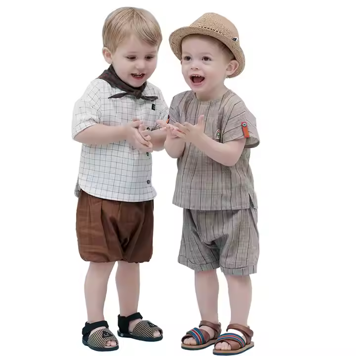 Brothers Short Sets Organic Cotton Grid t Shirt Pants Short for Baby Toddler Boys