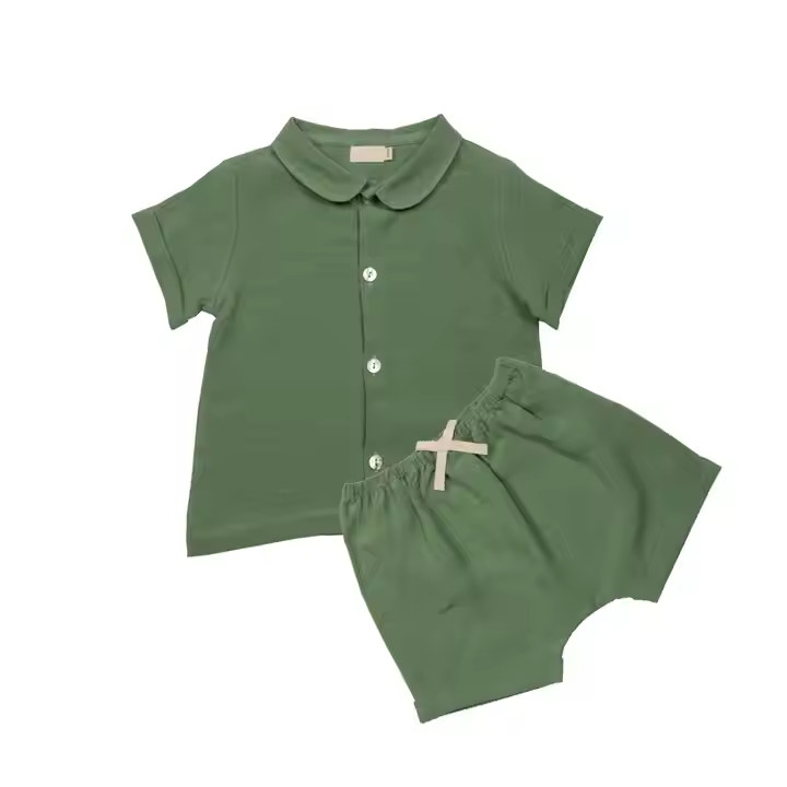 Short Sleeves Baby Shirt and Shorts Set Striped Dark Green Striped Premium Linen Baby's Clothing