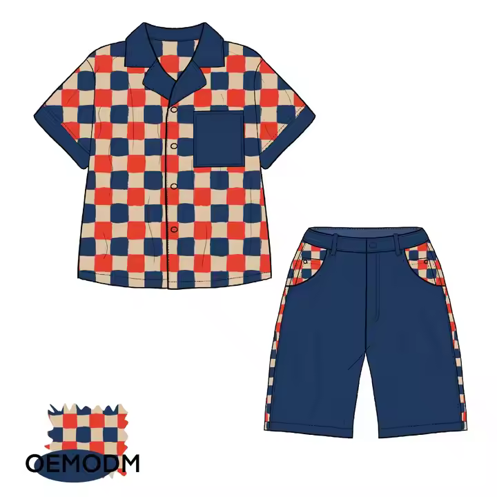 New Bestseller Custom Vintage Two-Piece Set for Boys Summer Shorts and Plaid Shirt Baby Boys' Fashion Sketch for 8-12 Years Old