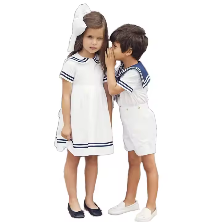 Sister brother blouse dress matching shirt pants navy sets customization Guangzhou manufacturer