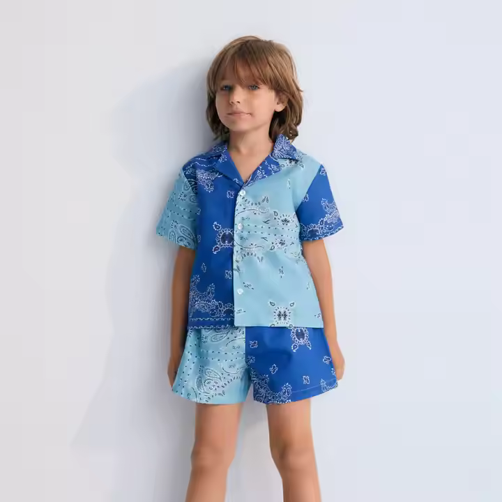 Custom for Tencel Cotton Blend Boys Clothing Sets Allover Print with Contrast Prints for 8-12 Year Olds in Summer