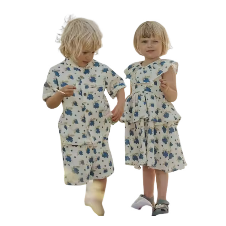 Customized Kids Clothing Sets Crepe Cotton Fabric with Floral Printing High Quality Children Matching Clothes