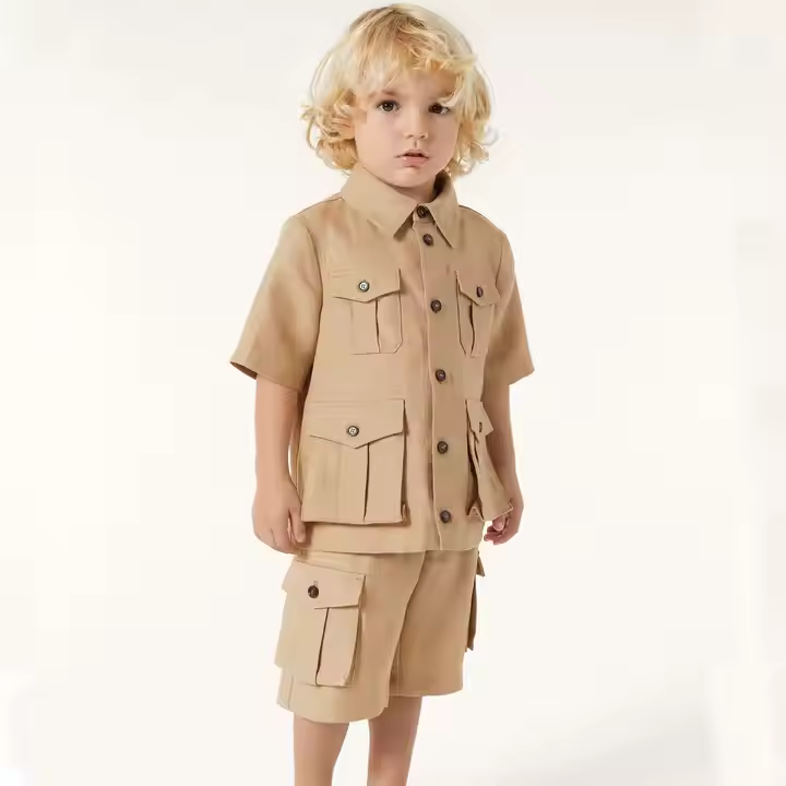 Custom Two-Piece Boys' Classic Style Utility Clothing Set-Summer Shirt and Cargo Shorts for Kids School Activities