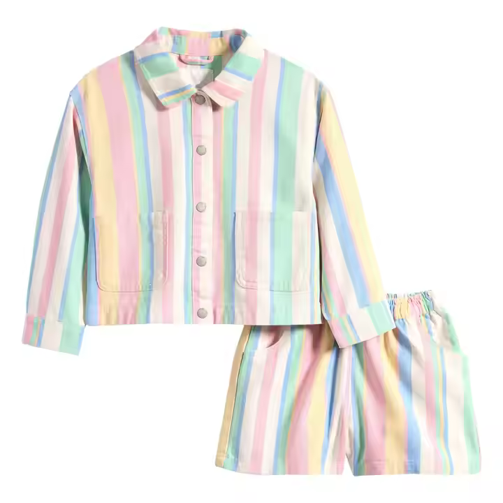 Customized Pastel Stripe Summer Girl Clothing 2-Piece Jacket and Shorts Sets with Long Sleeves Factory Direct