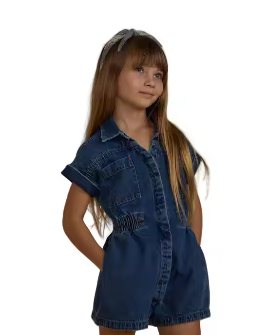 2025 High-quality Elegant Solid-color Denim Jumpsuit with Embroidered logo for Children and Girls