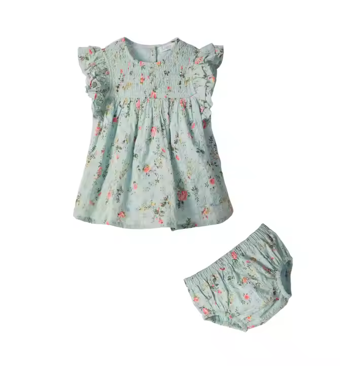 OEM & ODM Summer Casual Girls Clothing 2pcs Sets Embroidery Smocking Dress with Shorts Sweet Floral Pattern Sizes 3M to 2T