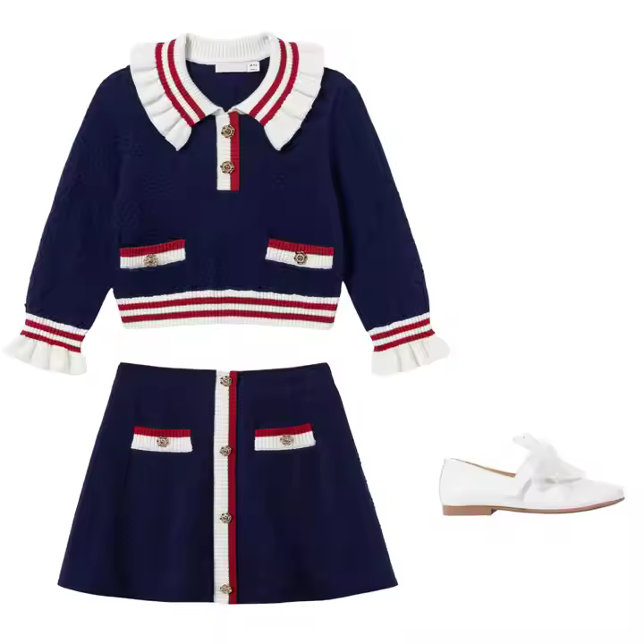 Custom Preppy Style Two-Piece Summer Girls Clothing Sets Knitwear Top & Skirt Ruffle Collar Tall Girls Friendly Matching Sets