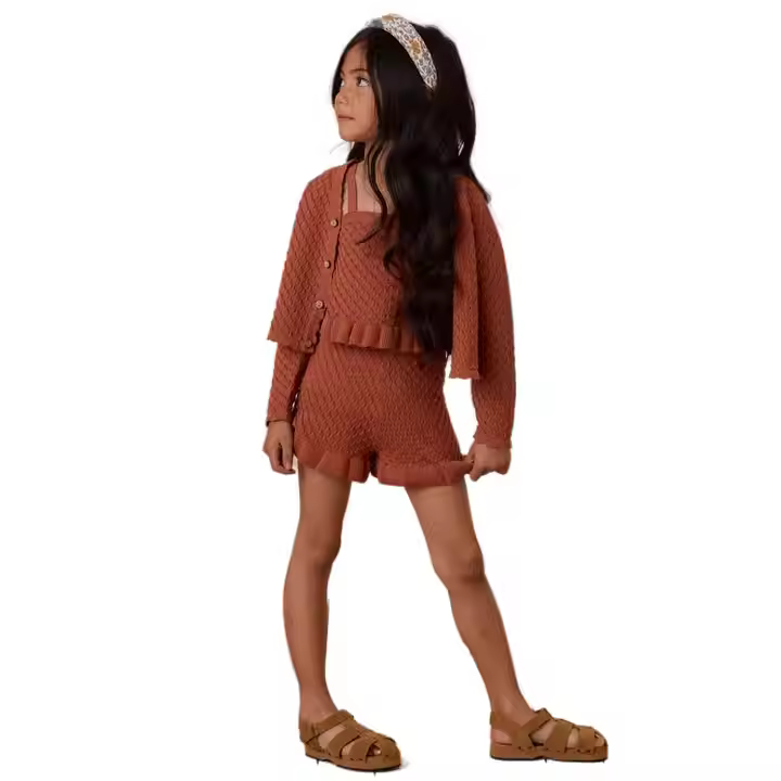 Customizable 3-Piece Lightweight Summer Toddler Clothing Set Cardigan Pointelle Knit Ruffle Bottom Tank Shorts for Girls-2T