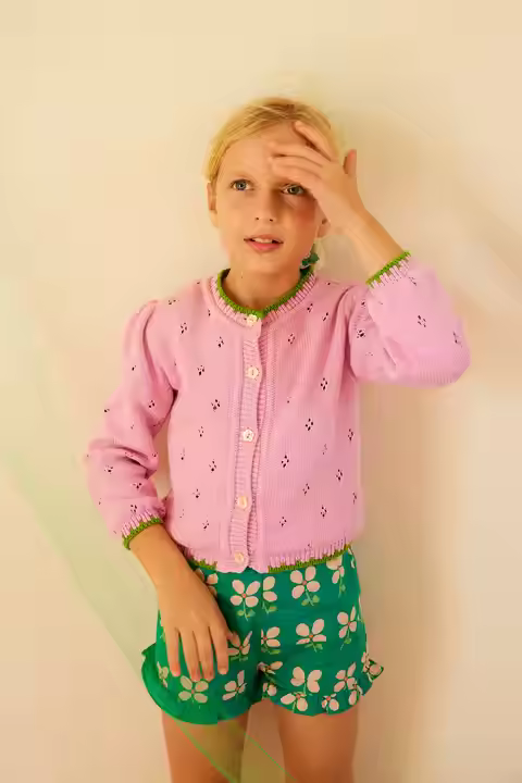 Custom Organic Cotton Girls Cardigan Long Sleeve Summer Knit with Pointelle Pattern and Contrast Green Trim
