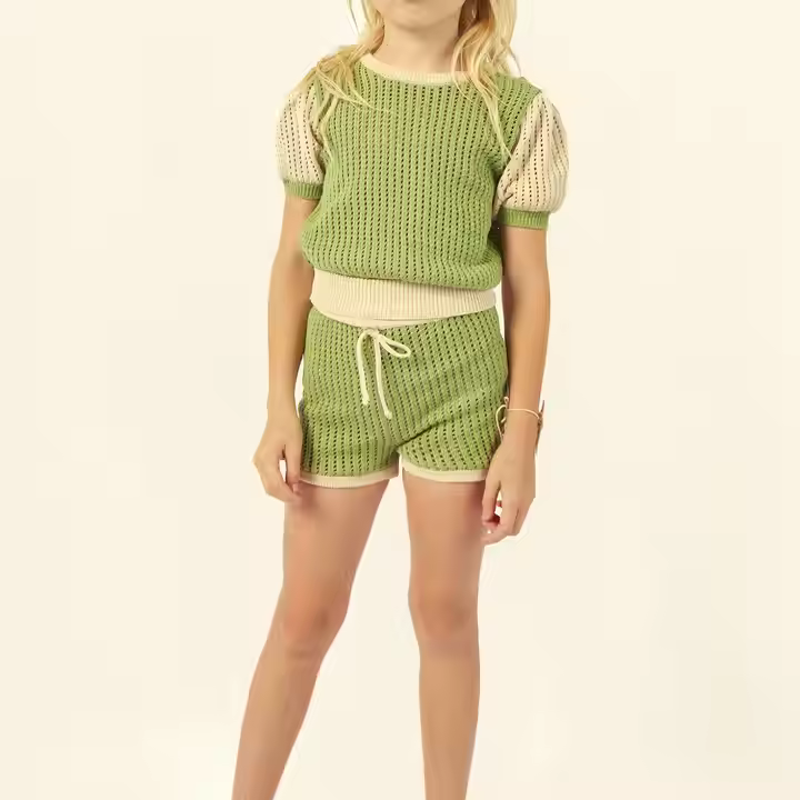 Custom 100% Cotton Knit Sweater Set for Girls Two-Piece Summer Hollow Shorts Boutique Clothing Direct from Manufacturers