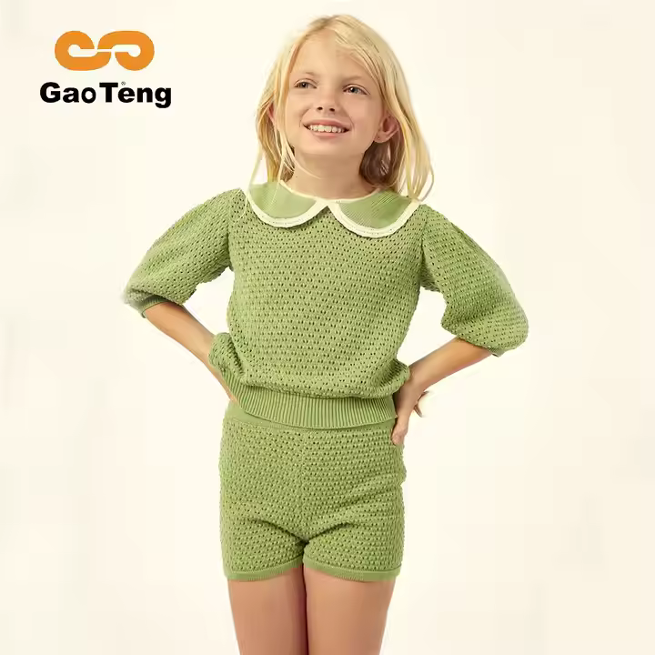 Custom Girls Clothing Sets Summer Lightweight Pointelle Knitwear Girls Pullover Sweater and Shorts Two-Piece Kids Set