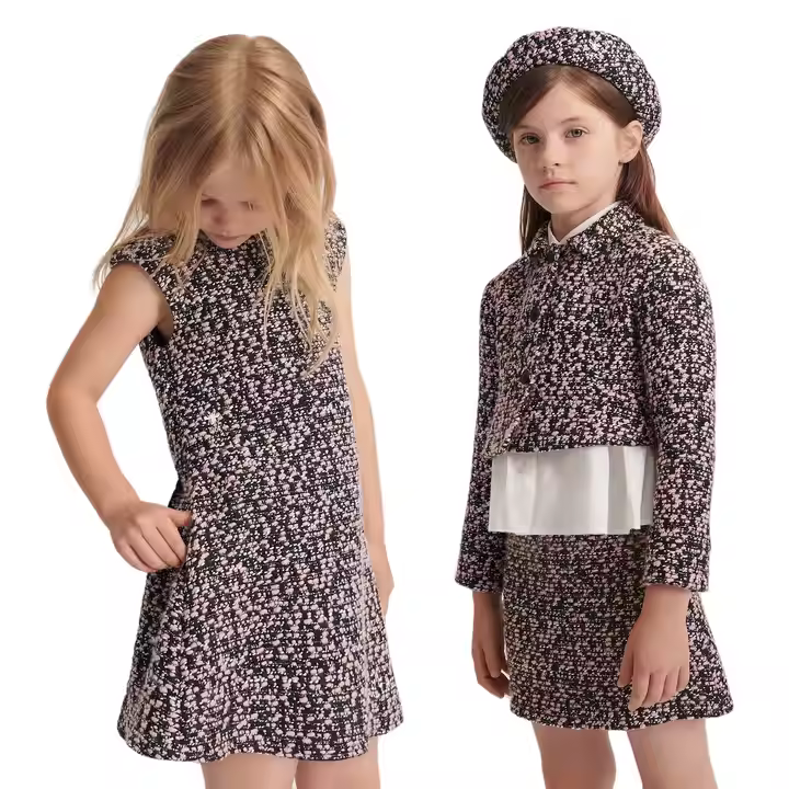Custom Classical Style Tweed Jacket Dress and Skirt Set for Kids for Spring & Summer Pink Tweed Two-Piece Set for Sister Girl