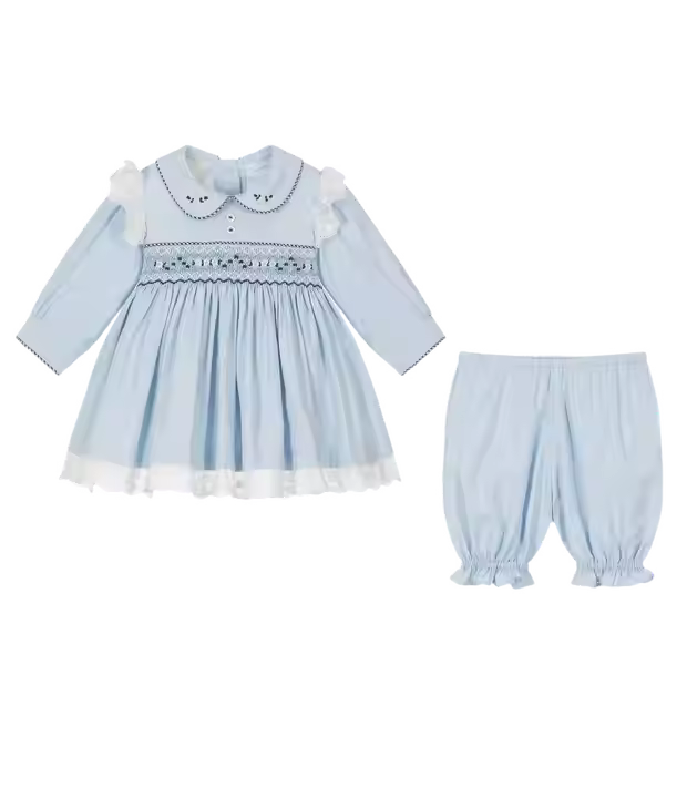 Guangzhou Factory Customized Kids Girls Clothing Set Embroidery Bodice Smocked Dress With Shorts 2 Pcs Sets