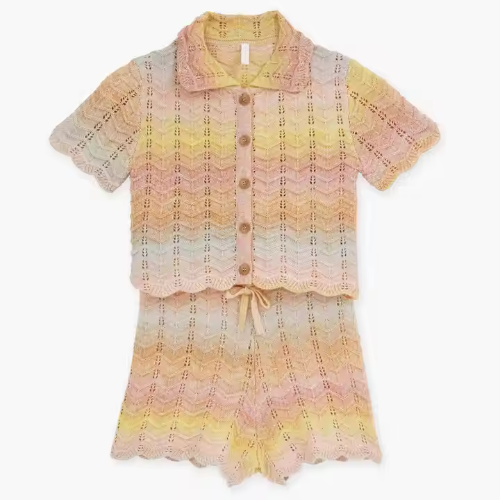 Custom Summer Casual O-Neck Tie Dye Rainbow Cotton Knitted Cardigan Shorts Girls Two-Piece Hollowed Loose Children's Knitted Set