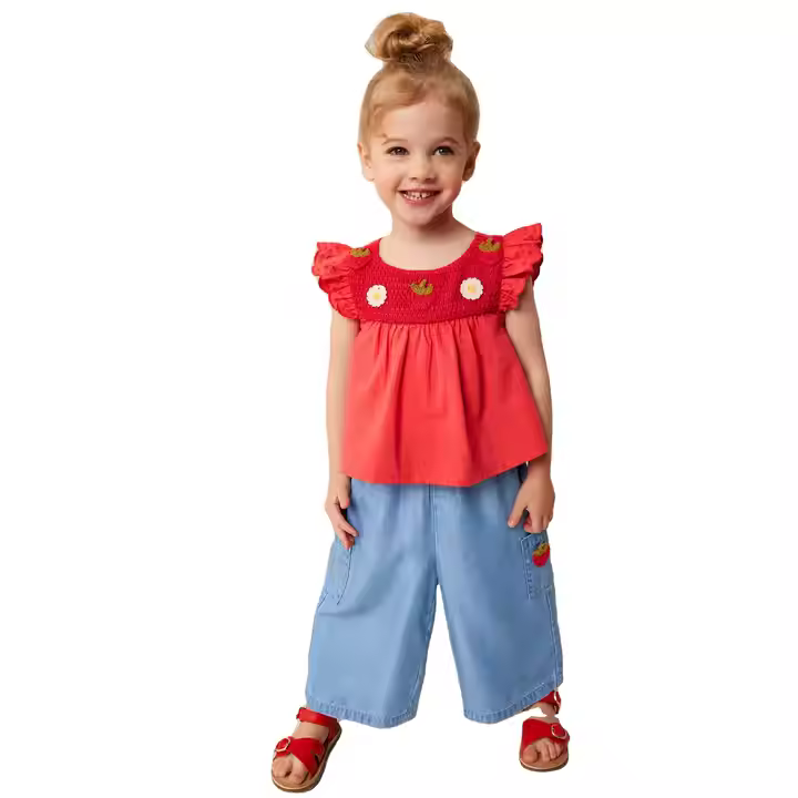 ODM OEM Custom Two-Piece Summer Kids Clothing Set Casual Linen Top Blouse Wide Leg Denim Pants Solid Pattern for Baby Girls