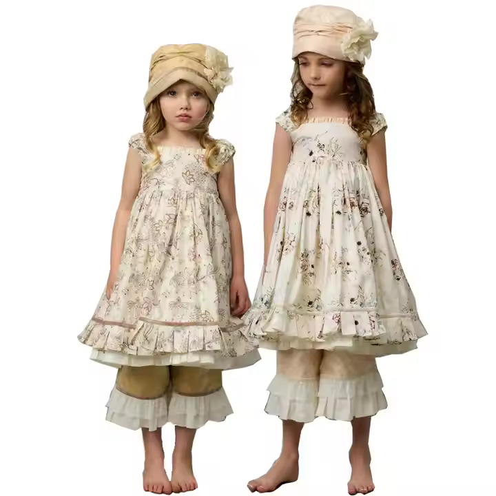 Beautiful Baby Girl Smocking Outfit Floral Cup Sleeve Girl Smocked Dresses and Pants Two Piece Outfit Girl Ruffle Dress Set