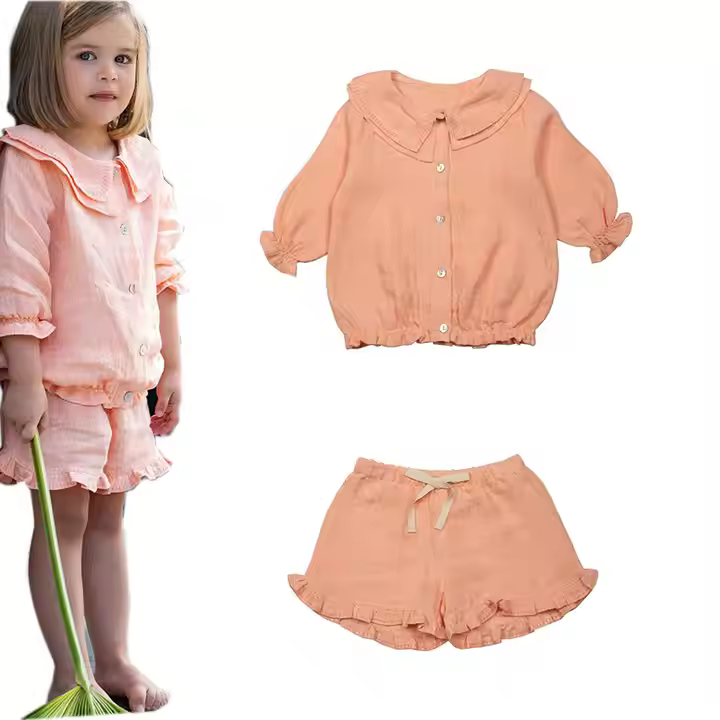 Linen Baby Girl Clothes Custom Soft Cotton Linen Three-Quarter Sleeves Blouse and Shorts Outfit Kids Summer Linen Clothing Set