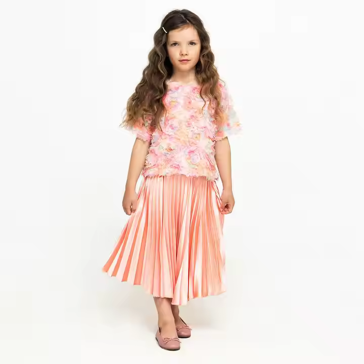 2024 New Arrival Custom pink Lace Girls Outfit With Satin Pleated Skirts Kids Two Pieces Children Clothing Set for Spring Summer