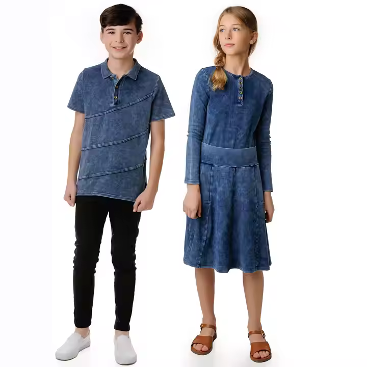 ODM Acid Wash Boys T-shirts Polo Shirts Brother and Sister Matching Clothes Stone Wash Jersey Denim Kids Girls Clothing Sets
