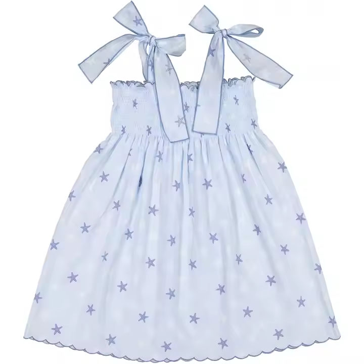 Boutique Fashion Kids Girls Casual Dresses Crop Shoulder Star Printed Smocked Dresses for 3-12 Years