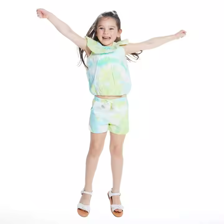 Custom On-trend Tie Dye Eyelet Kids Two Piece Sets Summer Children Toddler Ruffle Tops With Shorts Kids Summer Clothing Set