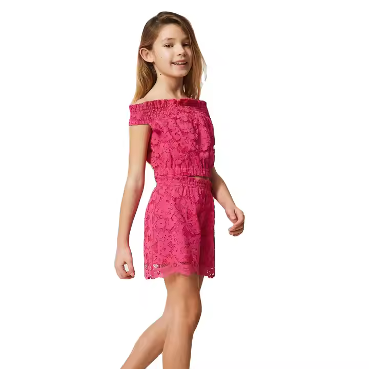 Custom Fashion Lace Girl Kids Summer Clothing Set Outfits Two Piece off Shoulder Crop Top and Shorts Child Clothes Set