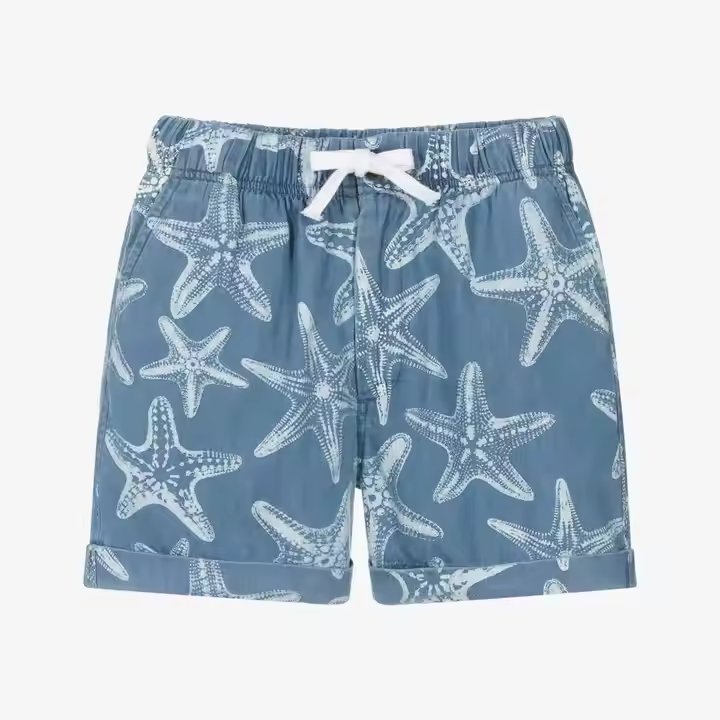 Custom Allover Print Chambray Blue Denim Shorts for Boys 100% Cotton Kids Shorts Teen Boy Factory Direct
