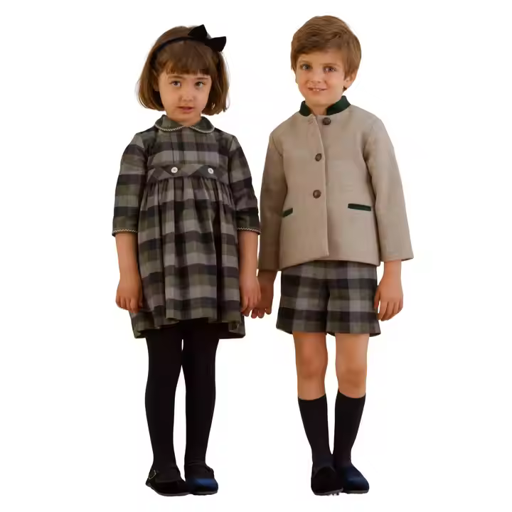 Guangzhou Vintage Girls Dresses 2-12 Years Private Label Matching Plaid Dress and Blazer Shorts Set Children Clothing