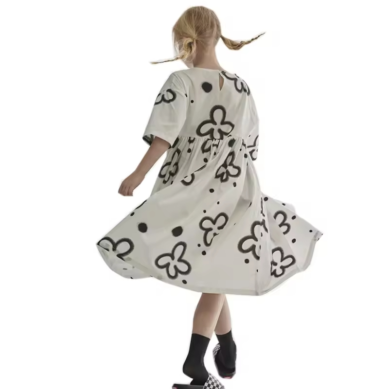 2024 Trendy Customized Print Dress for Girls 6-14 Years Calf-Length Summer Clothing Woven Fabric for Spring Season