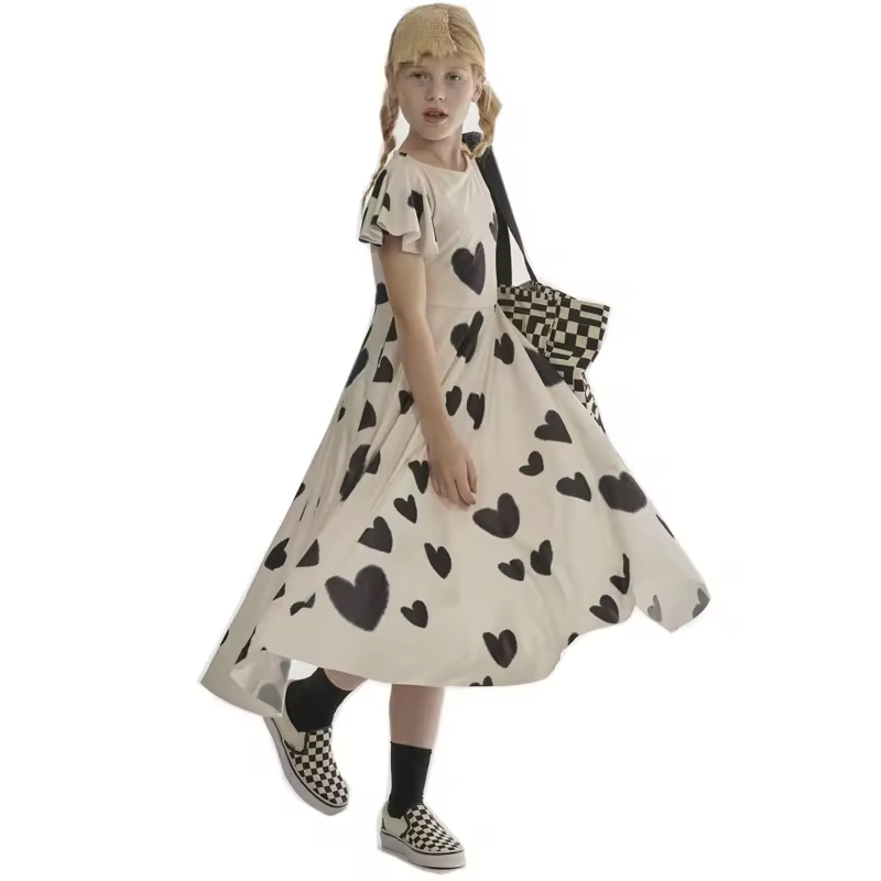 Heart Printed Girl's Long Dress Flared Short Sleeves Girls Twirl Dress