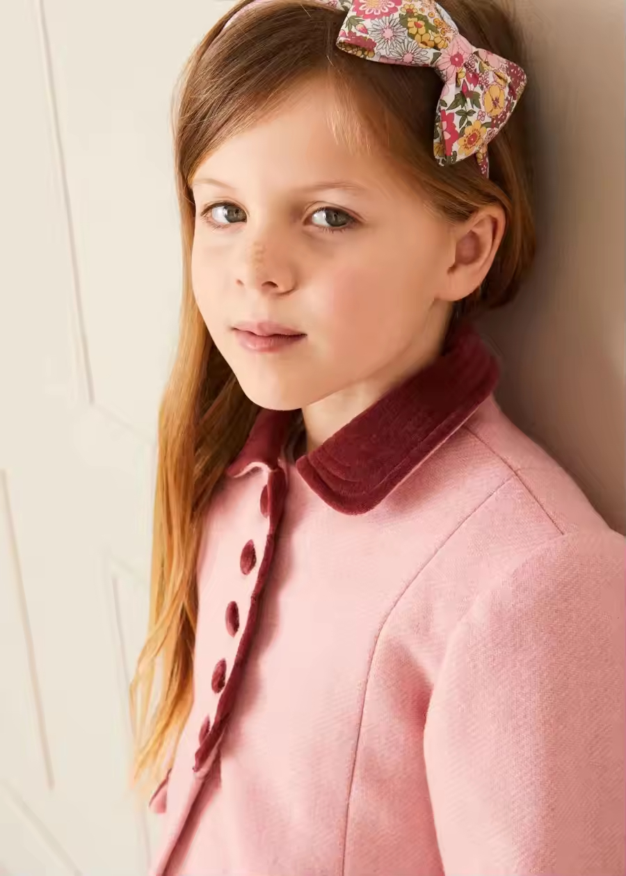 Customizable Long Winter Coat for Girls Woolen Pink Dress with Red Collar and Pocket Small Size Long Outwear