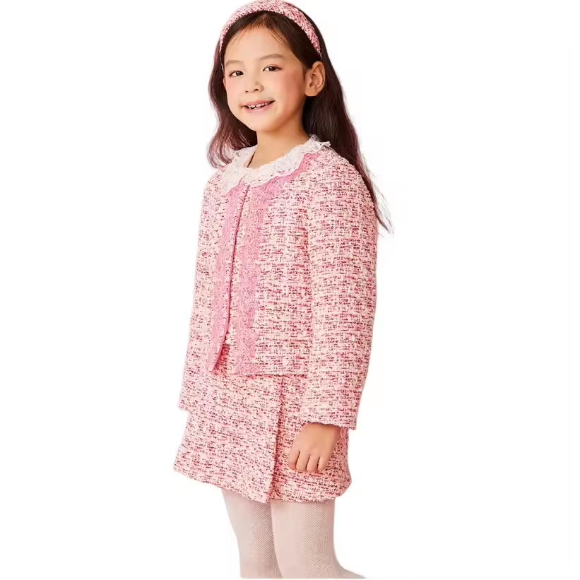 Customizable Size Kids Girls Tweed Lace Crew Neck Placket Coat Set Casual Outerwear Trench Embroidered Technics for 8-16 Years