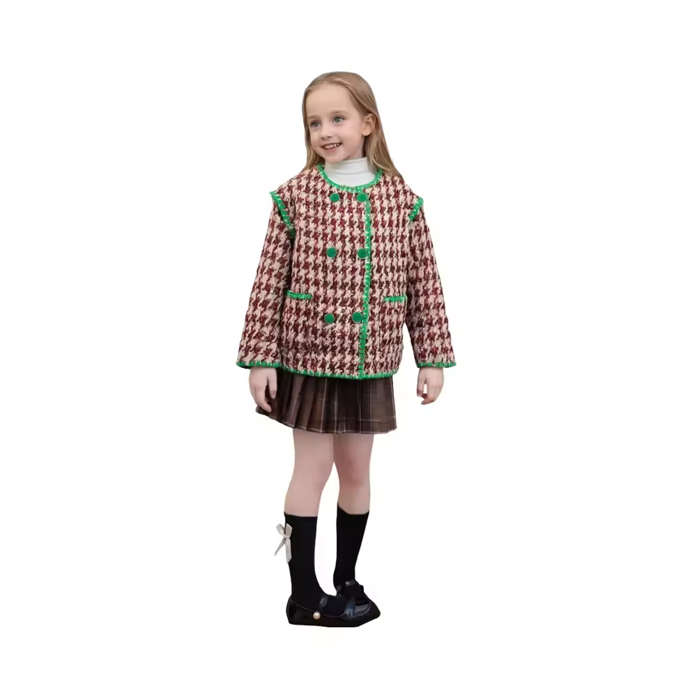 Kids Girls Tweed Jacket Round Collar Long Sleeves Casual Style Design