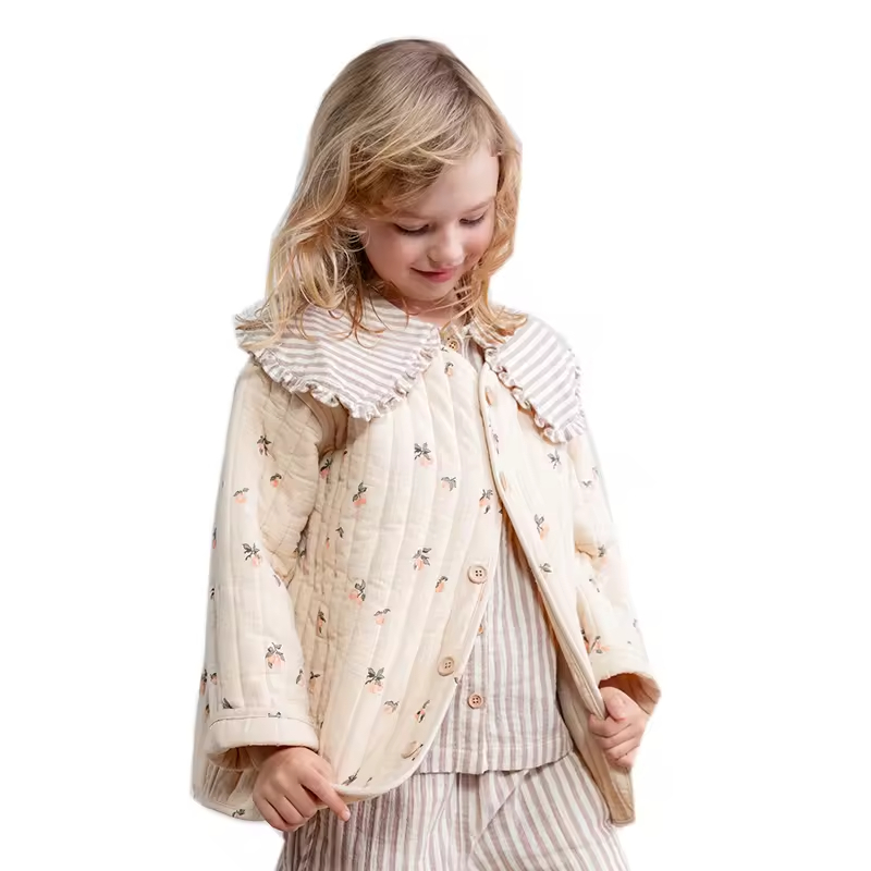 2024 Newest Design Floral Printed Baby Jackets & Outwears Toddler Girl 100% Cotton Collarless Thin Padded Coat