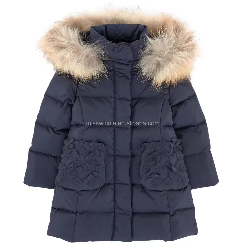 OEM New Design Children Girl Down Jackets With Hooded Pure Pattern With Flower Applique Pocket Casual Style Down Coat