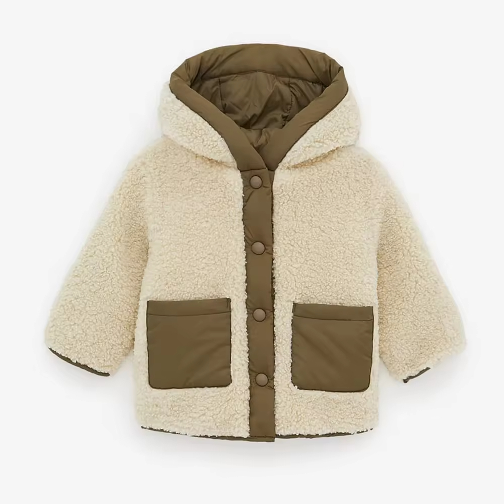 High Quality Reversible Fur Hooded Coat for Baby Boys Solid Pattern Winter Coat