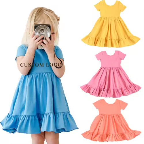 Custom Bamboo or Cotton Spandex Twirl Dress Kids Girls Dresses 2-12 Children Clothing Basic Style Baby Girl Dress Supplier