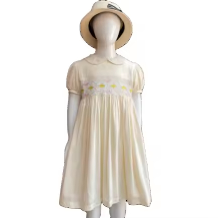 2025 Fashion Design Summer Casual Dress Rayon Cotton Shape Collar Embroider & Smocking at Chest Kids Girl Dresses