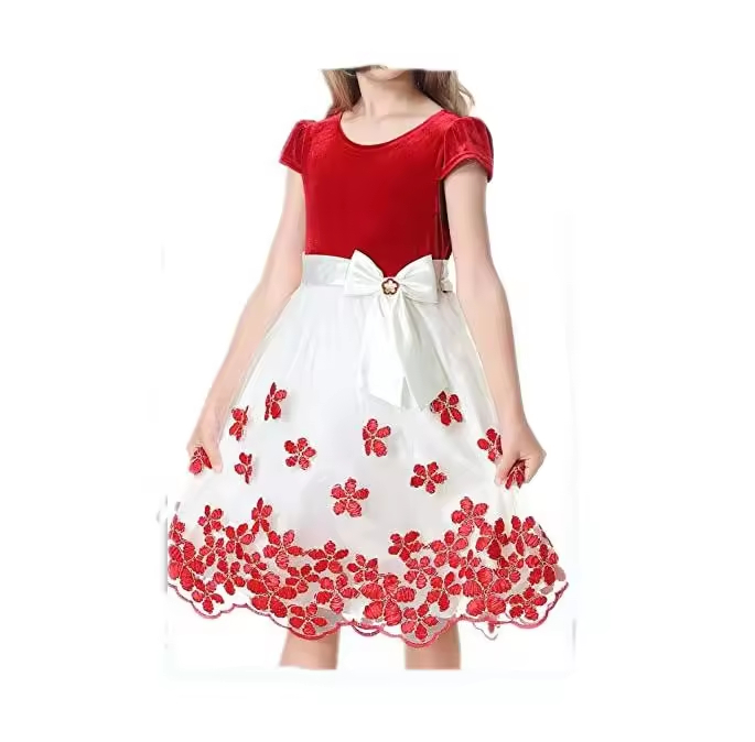 Hot Sell Kids Clothes Short Sleeves Baby Girl Dress for Christmas With White and Red Fabric and Snowflake