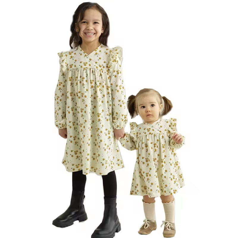 2025 Girl Clothing Spring Toddler Dress Sister Matching Clothes Floral Print Ruffle Long Sleeves Girls Dress Kids Clothing