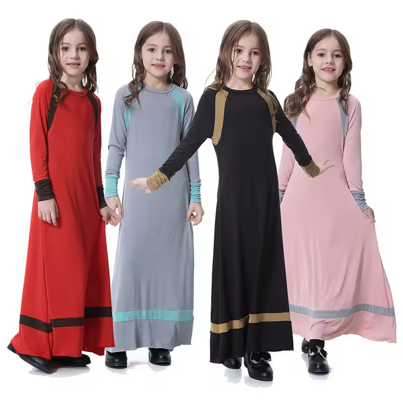 2025 Wholesale Qatar Dubai Style Children Baby Clothing Girls Dress Long Sleeves Solid Color Muslin Arab Colorful Girls Dress