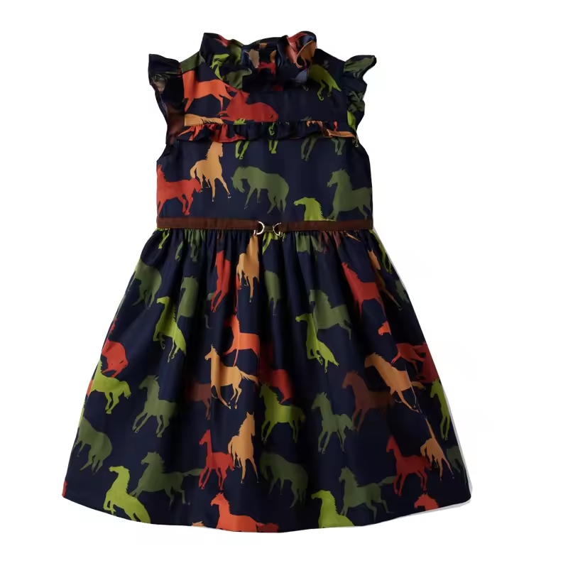 Girls Casual Sleeveless Cotton Dresses Breathable Knee-Length O-Neck Design Printed Pattern Dress for 14 Years Old