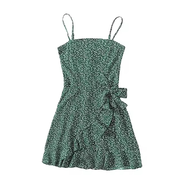 Girls ODM Ditsy Floral Print Mini Dress with Spaghetti Strap Ruffle Trim and Tie Side Woven Fabric for Children