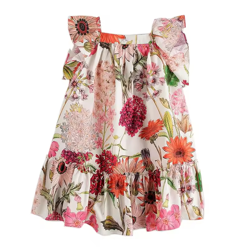 Custom High Quality Kids Dress Pinafore Style Sleeveless Ruffles Floral Pattern Printing Baby Girl's Dresses