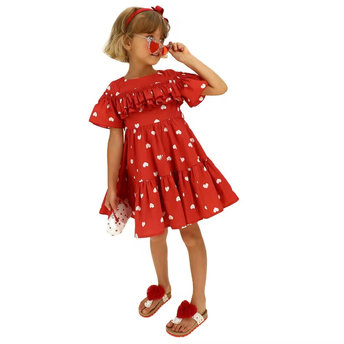 Custom Allover Heart Print 1-12 Years Baby Girl Dresses Kids Vendor New Arrival Fashion Dress for Kids Girl With Ruffle