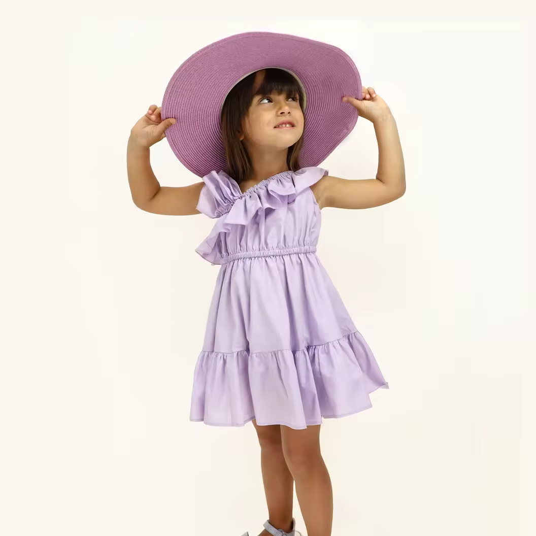 Custom Fashion Cotton Woven Latest Children Kids Summer Dress Designs Lavender Color Daily Wear Dress Girl With Ruffle
