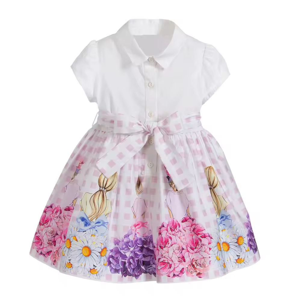 Summer Girls Blouse Print Skirt 1 Set Cotton With Belt Design Guangzhou Manufacturer Production