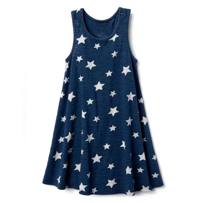 Girl's Summer Casual Sleeveless Dress with Stars Printed Knit Washed Fabric Top Tank for Children