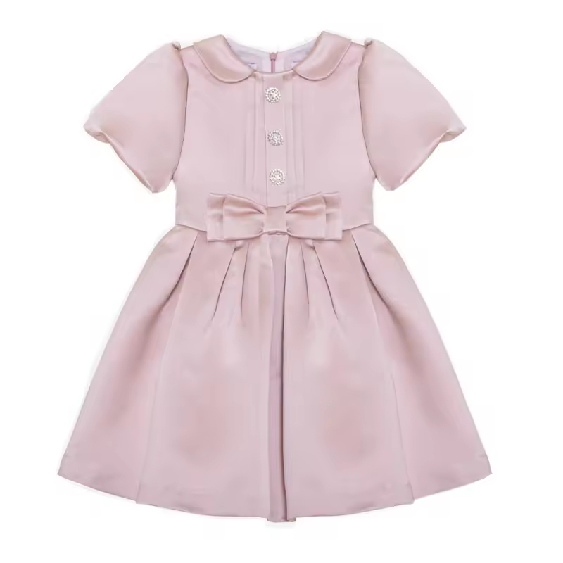 2025 Children's Formal A-Line Dress With Short Sleeves and Bow Decoration Satin Fabric for 13 and 14 Year Old Girls