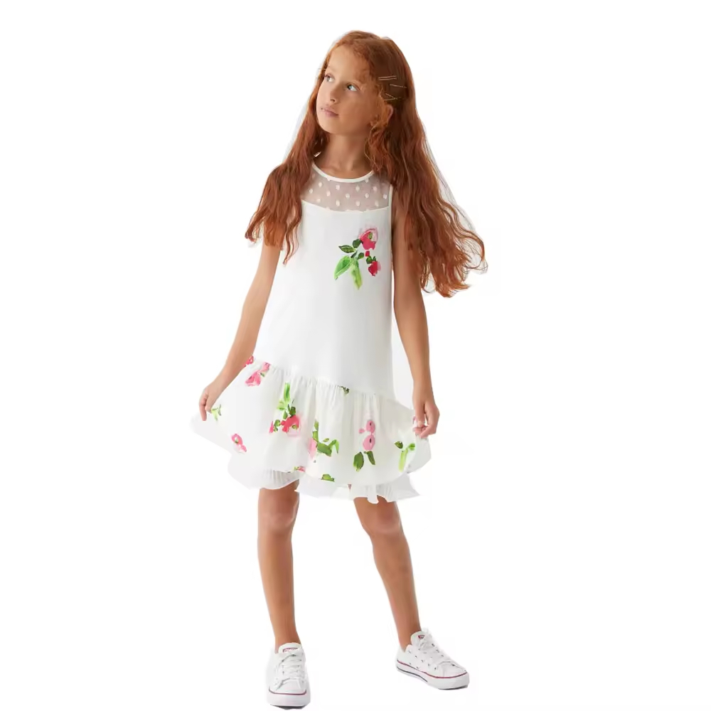 Casual Summer Kids Dress Quality Polyester Pleated Ruffle Hem Printing Floral Knee-Length for Girls